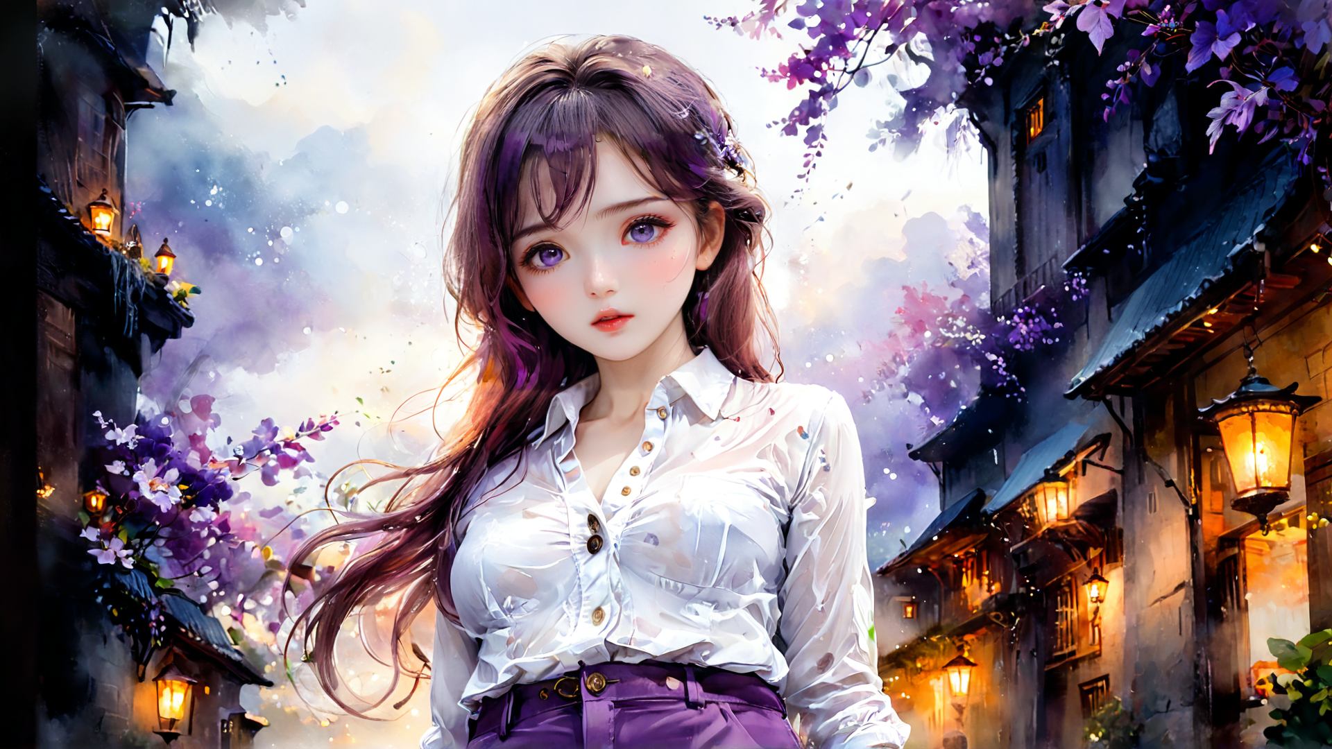 AI generated wallpaper featuring girl, street, flowers