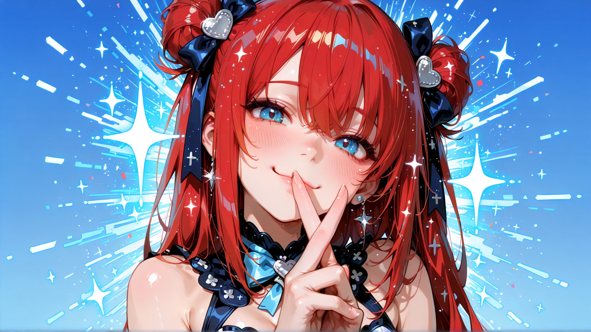 AI generated wallpaper featuring girl, anime, character, red hair, bow, peace sign, blue eyes, sparkles, hearts, stars