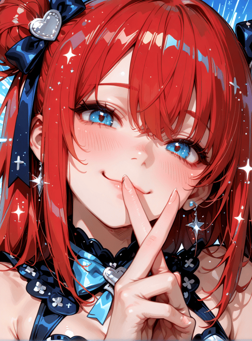 girl, anime, character, red hair, bow, peace sign, blue eyes, sparkles, hearts, stars