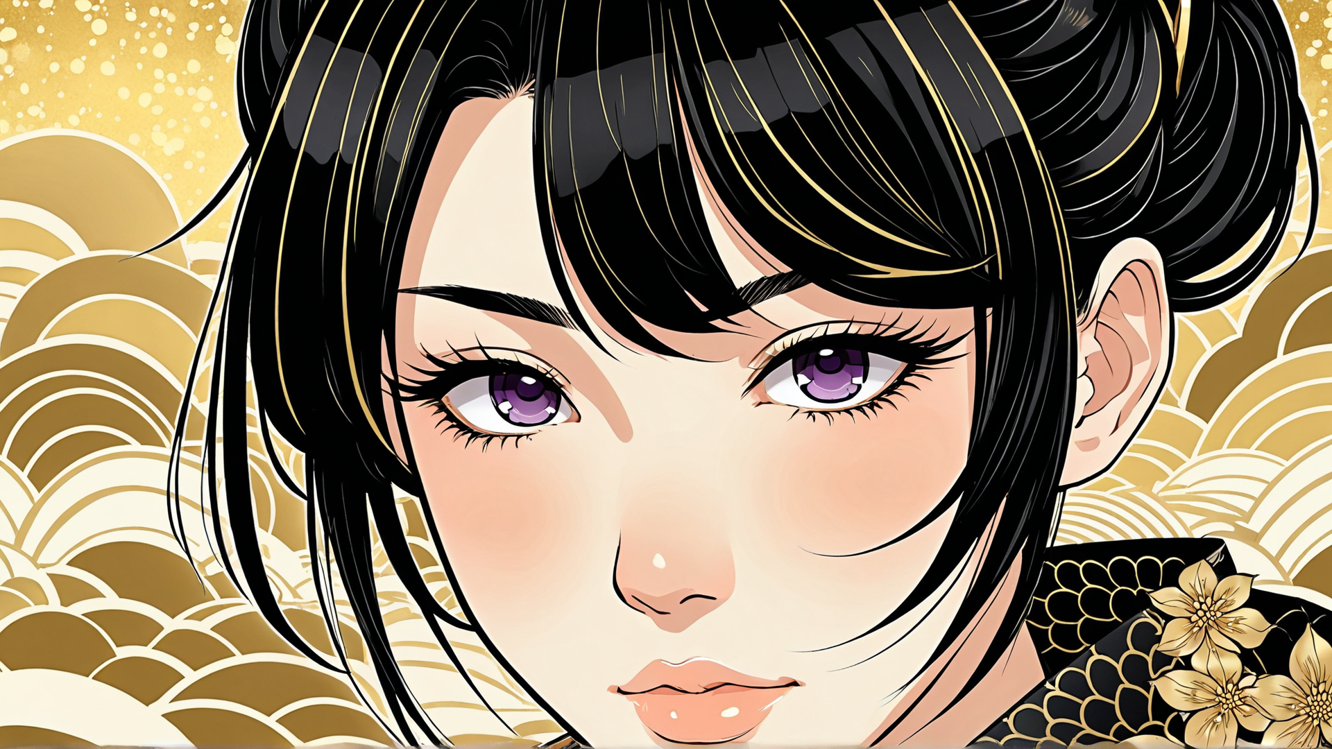 AI generated wallpaper featuring woman, hair, eyes, flower, kimono