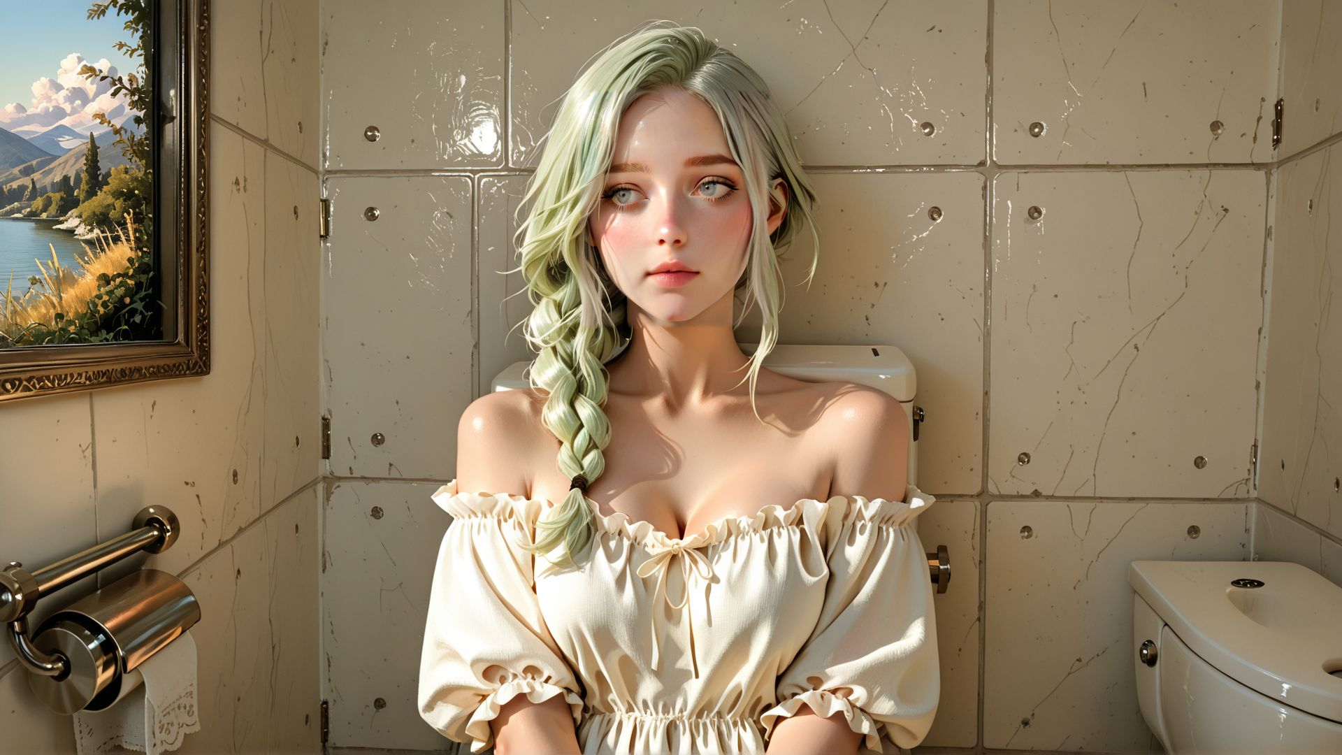 AI generated wallpaper featuring woman, braid, dress, toilet, tile, mirror