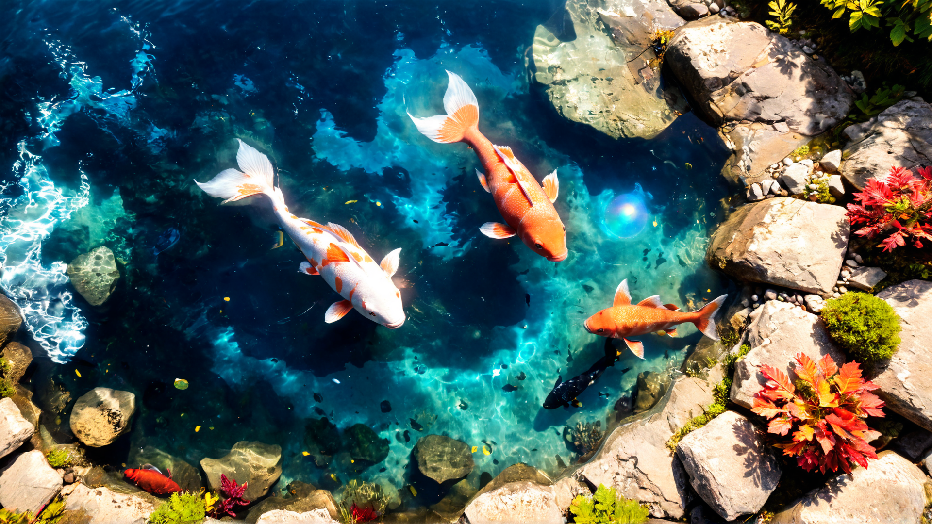 AI generated wallpaper featuring koi, water, rocks
