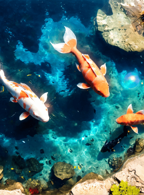 koi, water, rocks