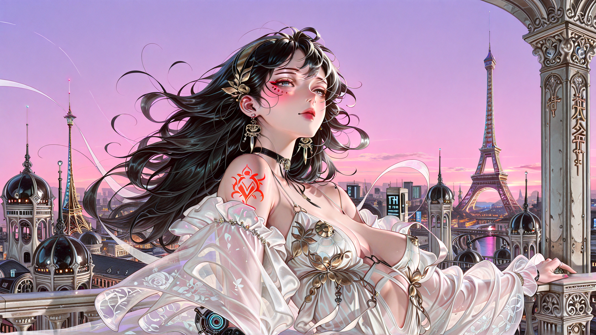 AI generated wallpaper featuring woman, eiffel tower, cityscape, dress, hair