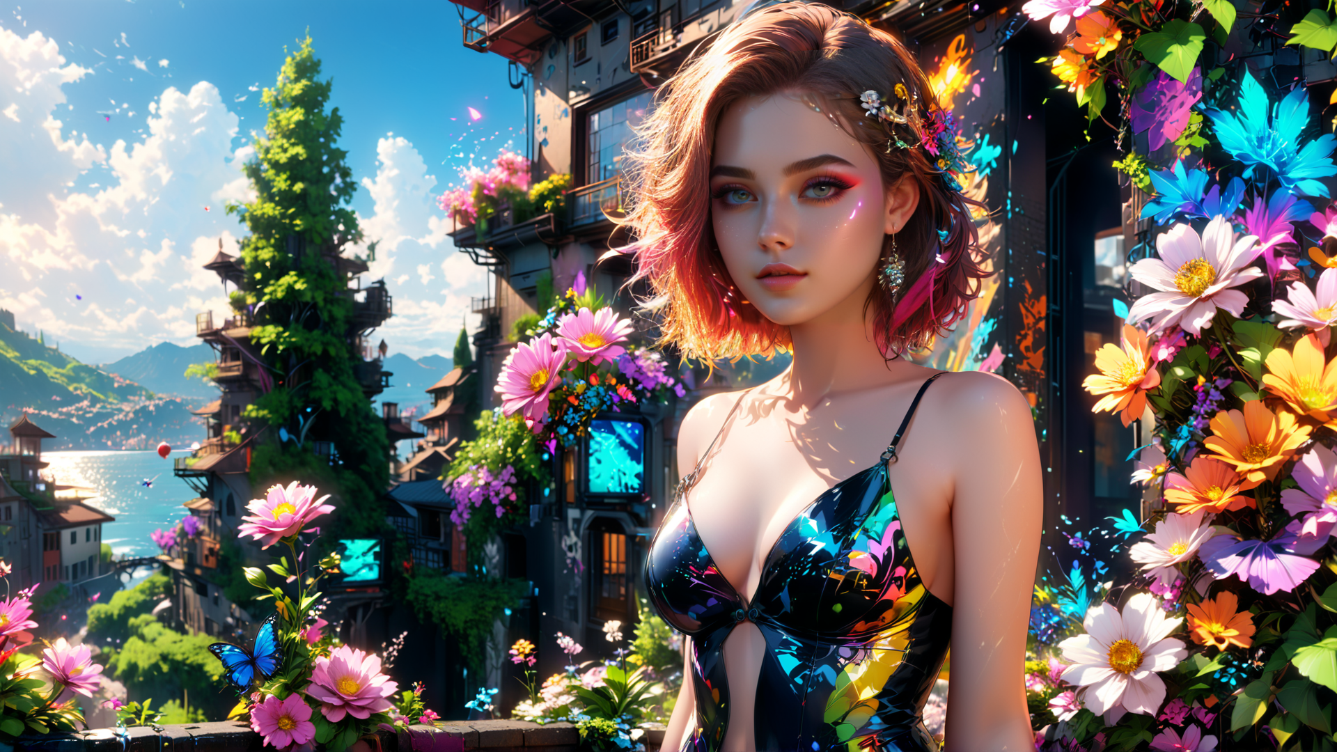 AI generated wallpaper featuring woman, flowers, city