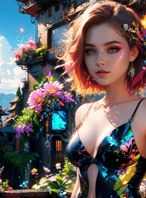 woman, flowers, city