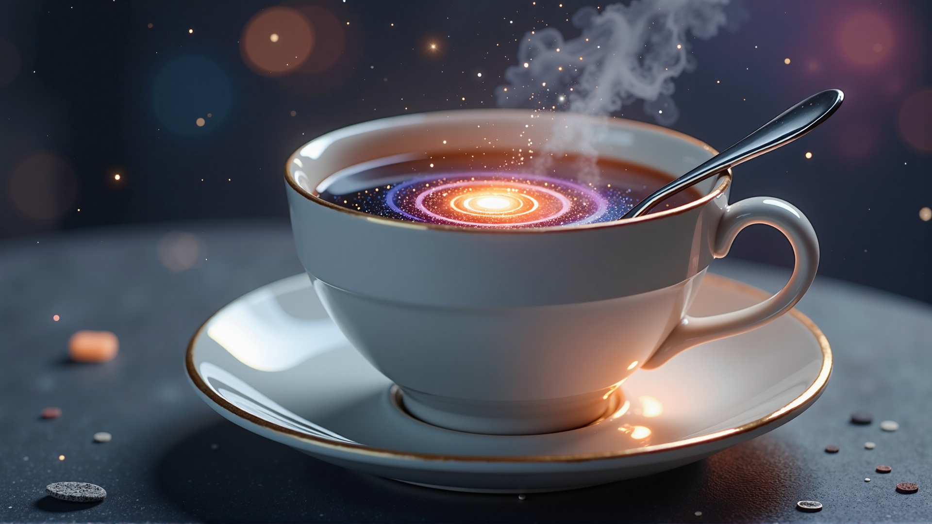 AI generated wallpaper featuring cup, spoon, galaxy, coffee, stars