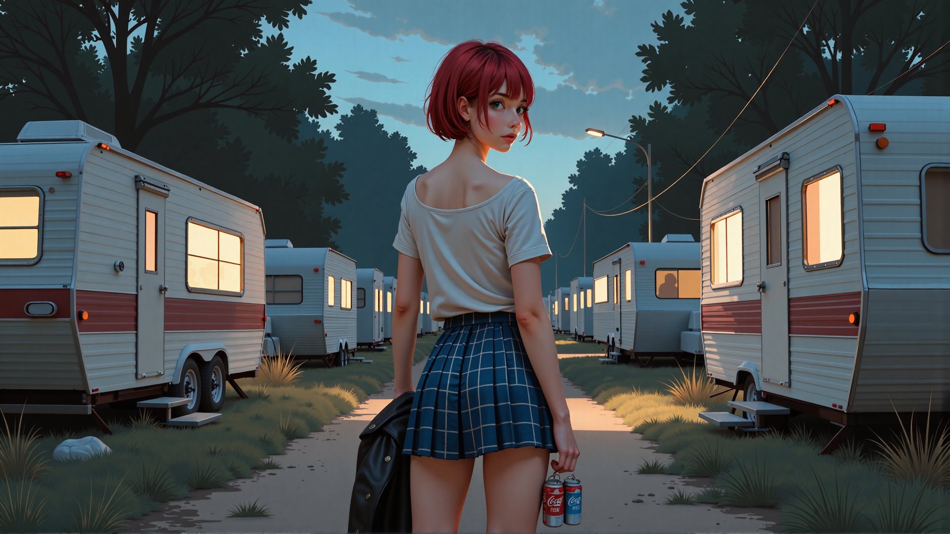 AI generated wallpaper featuring girl, trailer, coca-cola, jacket, skirt