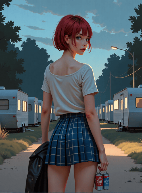 girl, trailer, coca-cola, jacket, skirt