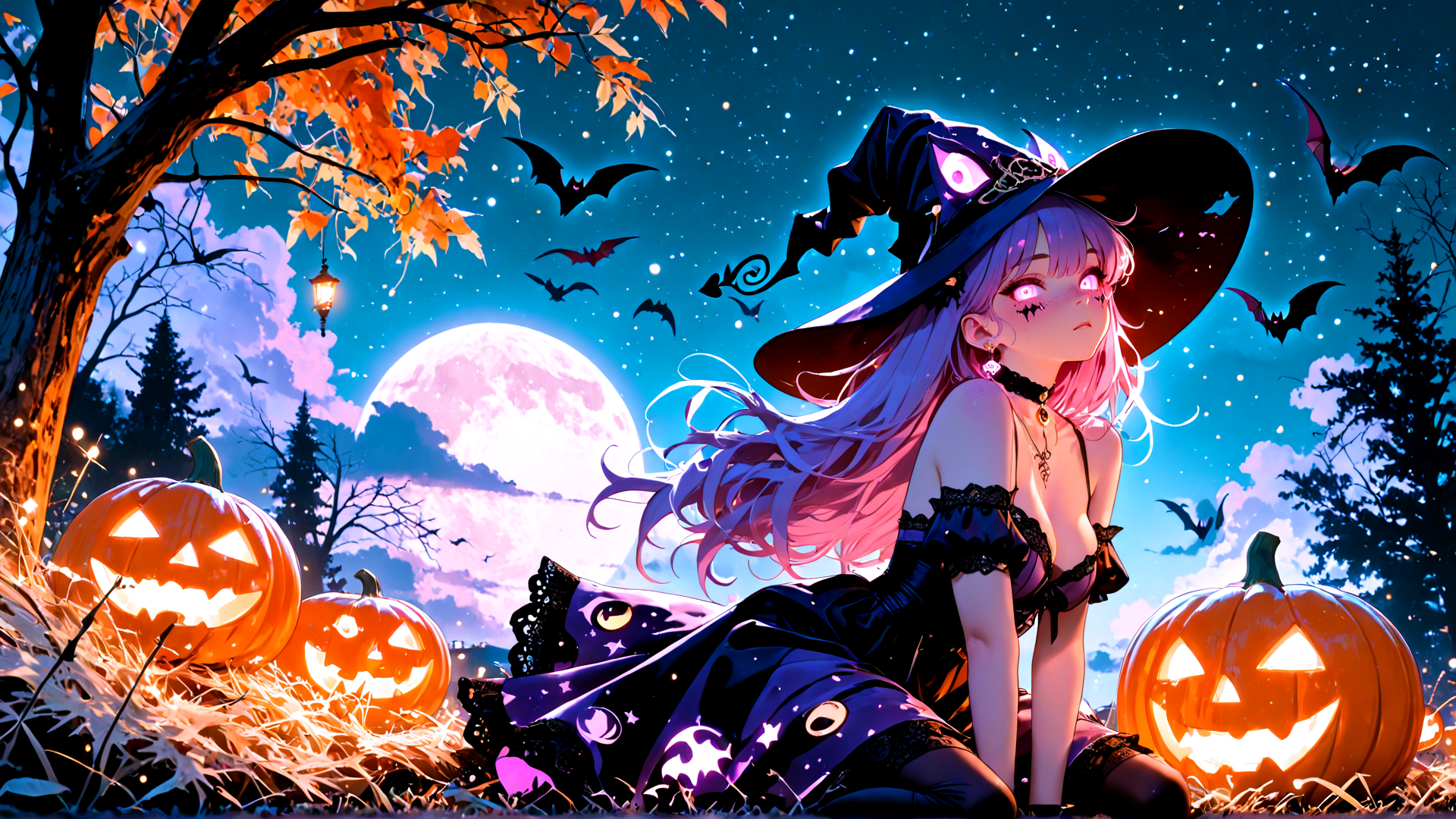AI generated wallpaper featuring witch, pumpkin, bat, moon, tree, lantern