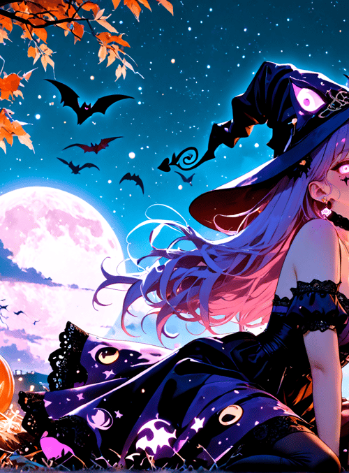 witch, pumpkin, bat, moon, tree, lantern
