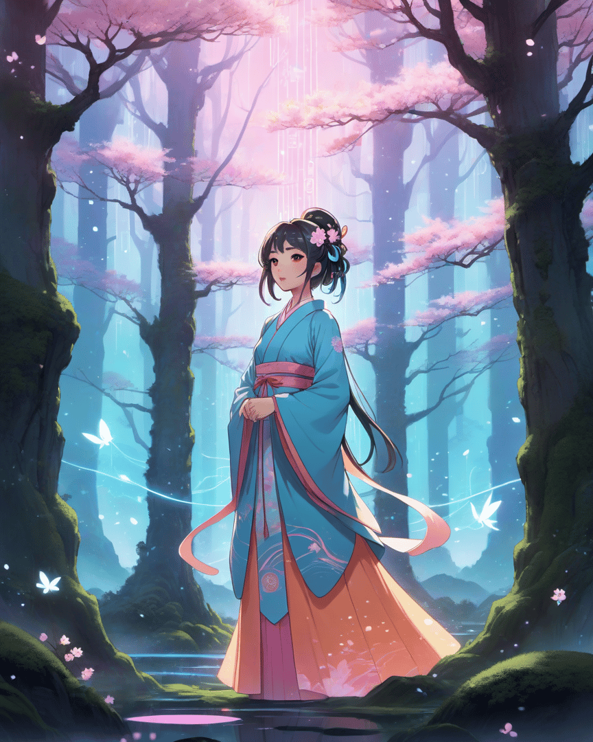AI generated wallpaper featuring woman, cherry tree, butterfly