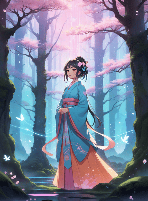 woman, cherry tree, butterfly