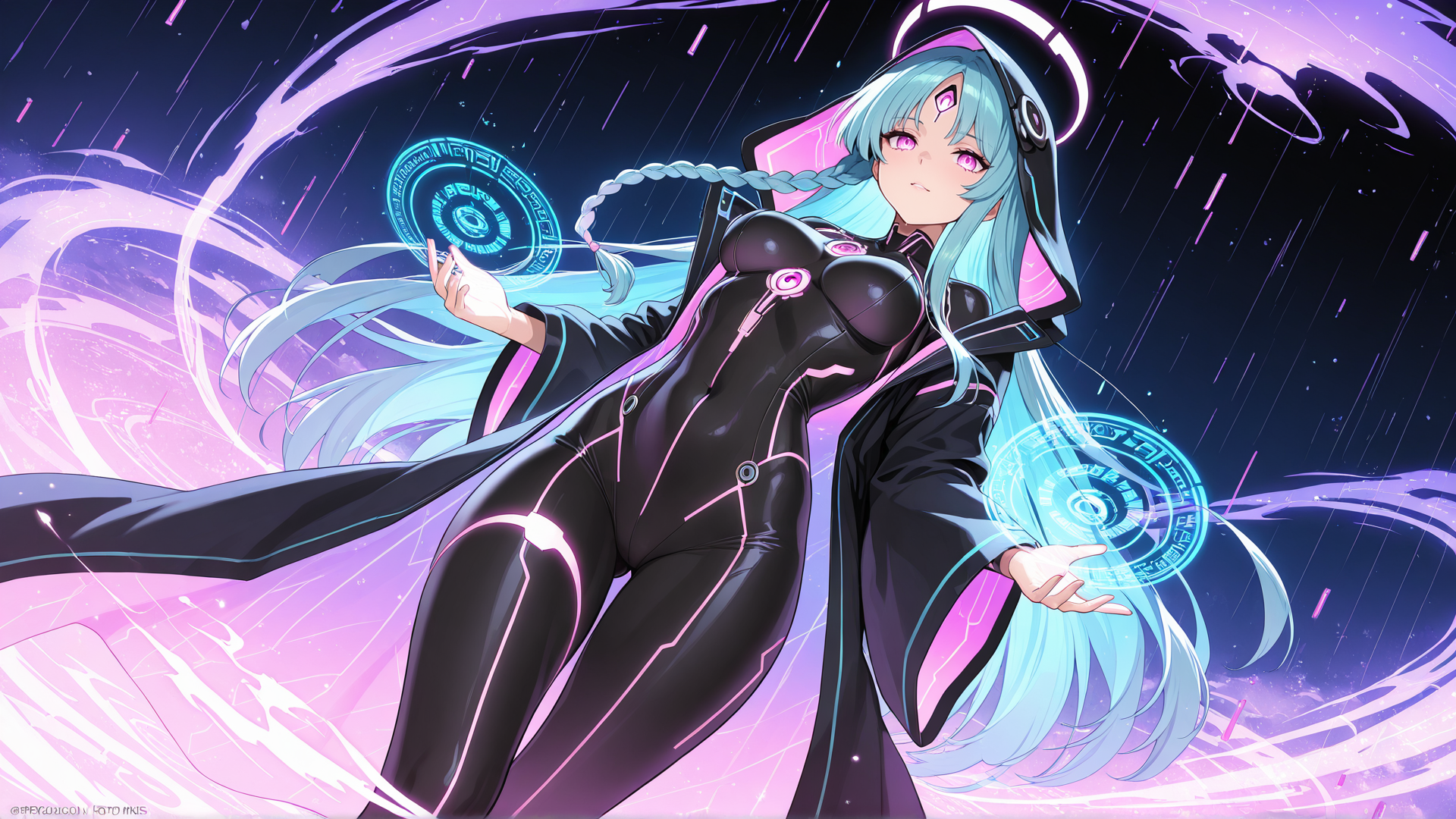 AI generated wallpaper featuring anime character, cyberpunk, magic