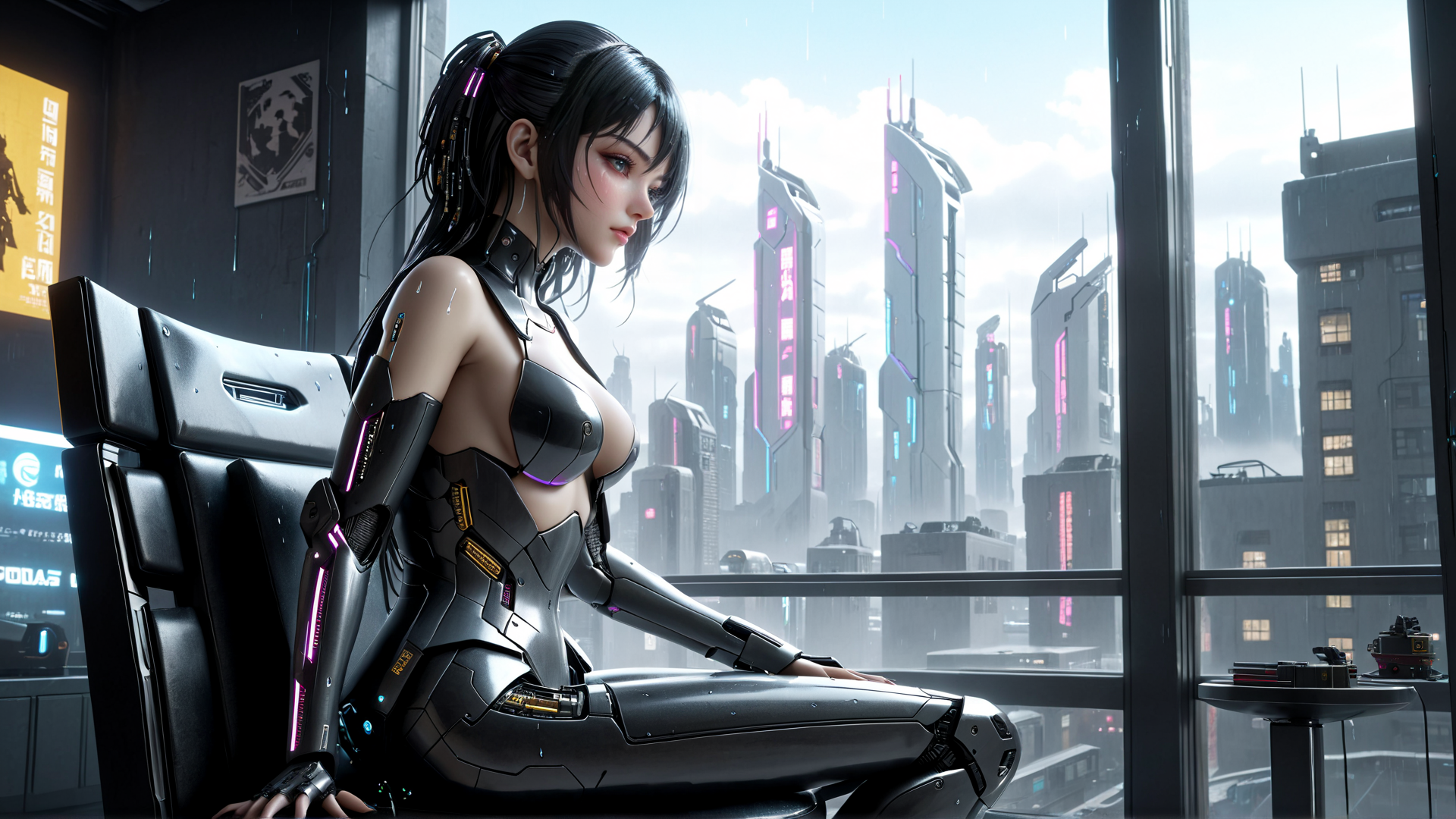 AI generated wallpaper featuring cyborg, woman, cityscape