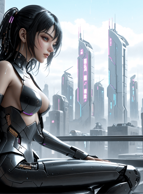 cyborg, woman, cityscape
