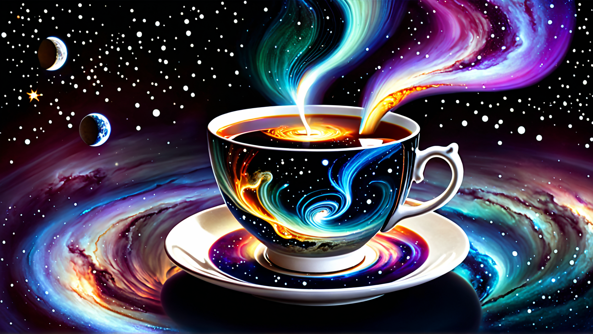AI generated wallpaper featuring cup, coffee, galaxy, universe, stars, planet, moon, saucer, nebula, swirl