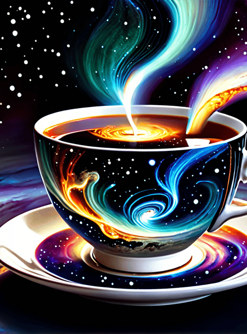 cup, coffee, galaxy, universe, stars, planet, moon, saucer, nebula, swirl
