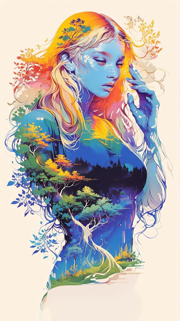 AI generated wallpaper featuring woman, nature, trees, forest, landscape, hair