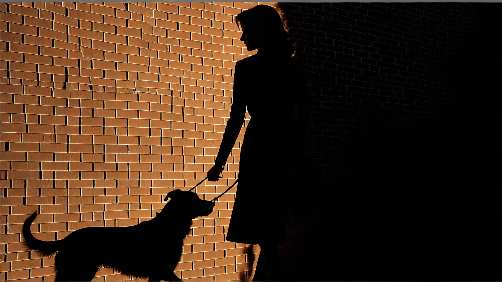 AI generated wallpaper featuring woman, dog, brick wall