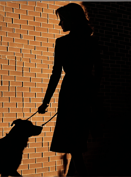 woman, dog, brick wall