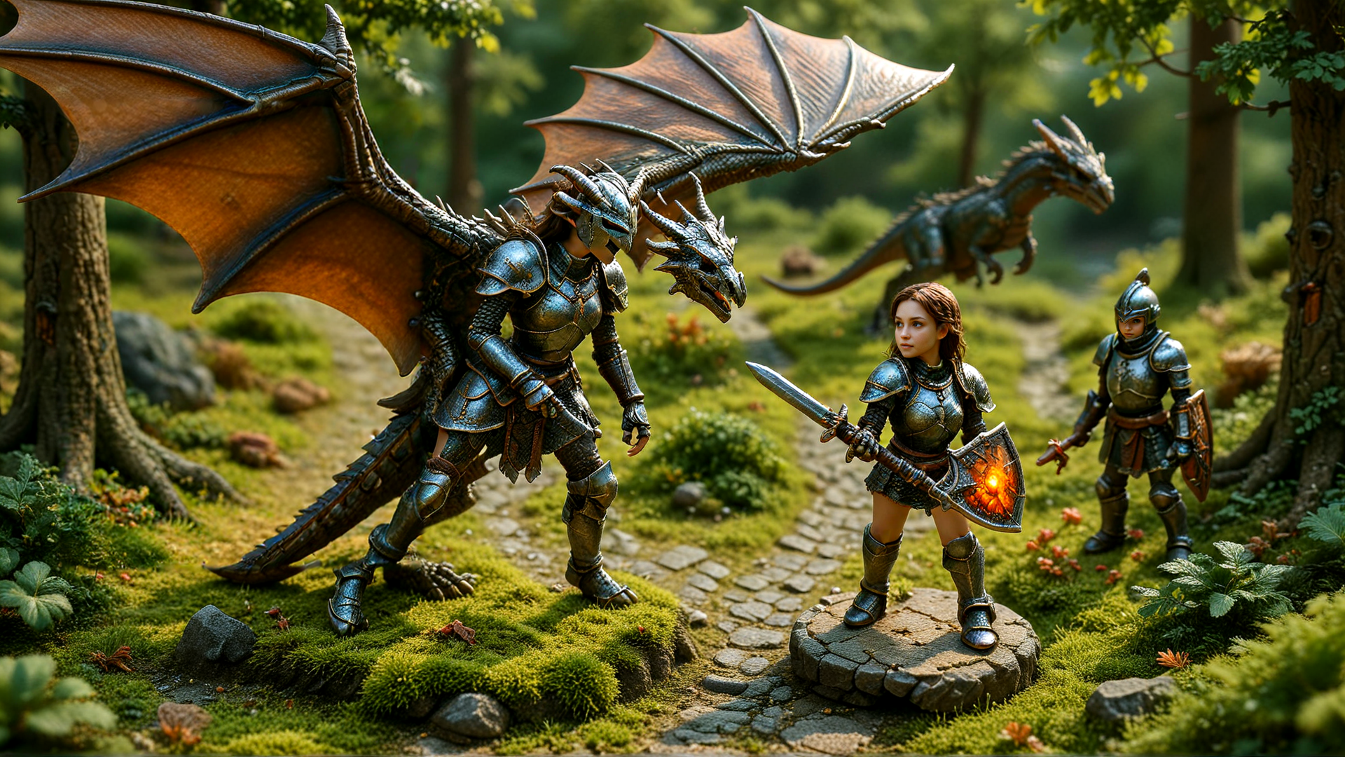 AI generated wallpaper featuring dragon, knight, armor, sword, shield, forest, trees, moss, stone path, miniature