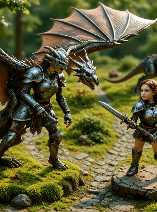 dragon, knight, armor, sword, shield, forest, trees, moss, stone path, miniature