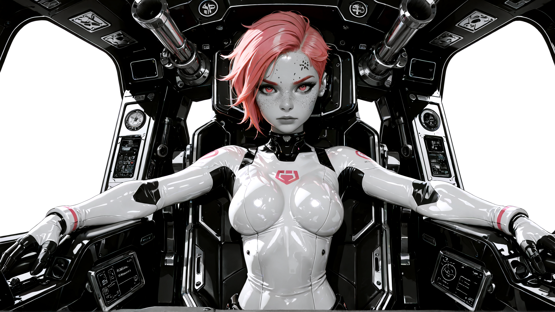 AI generated wallpaper featuring cyborg, pilot, helicopter, spacesuit, woman, robot