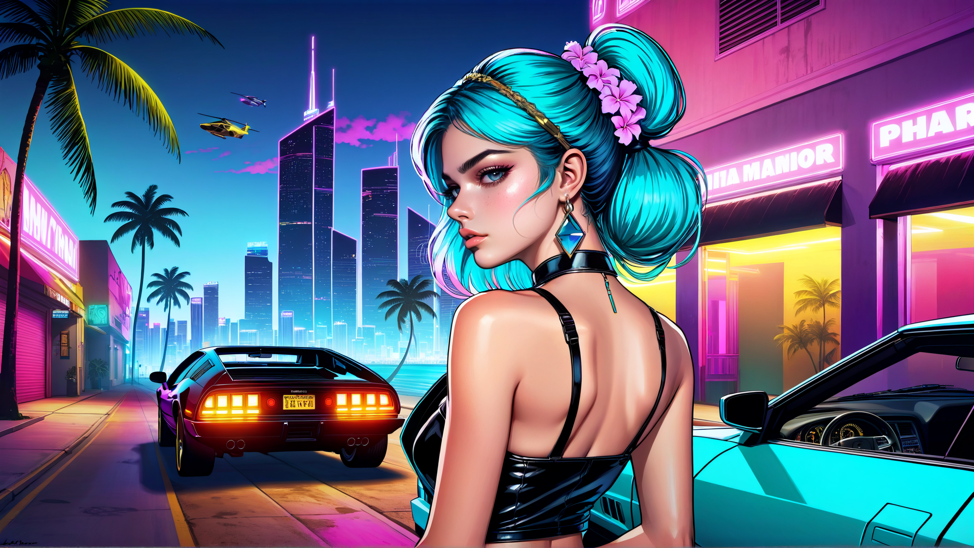 AI generated wallpaper featuring woman, cars, cityscape, palm trees, helicopter