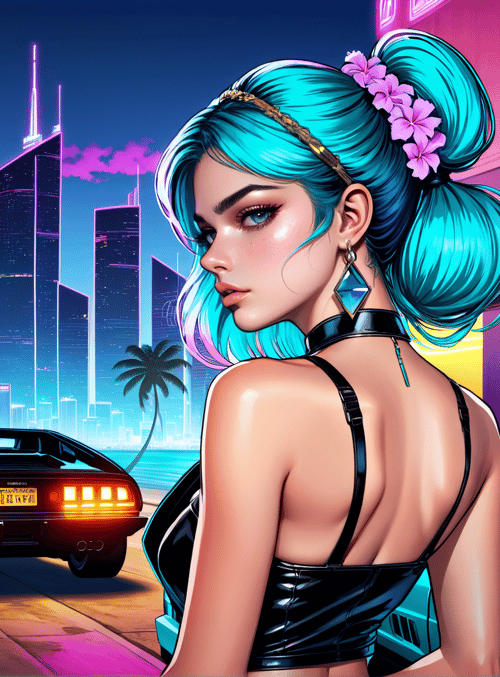 woman, cars, cityscape, palm trees, helicopter