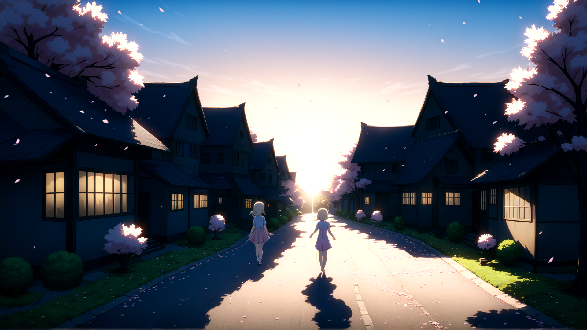 AI generated wallpaper featuring girls, houses, cherry blossoms
