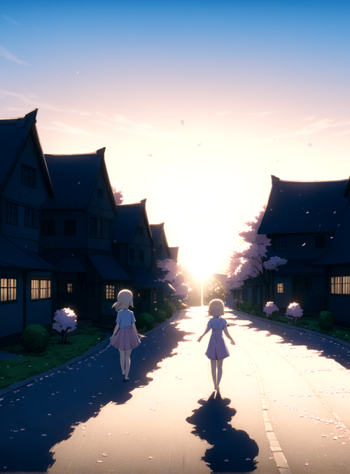 girls, houses, cherry blossoms