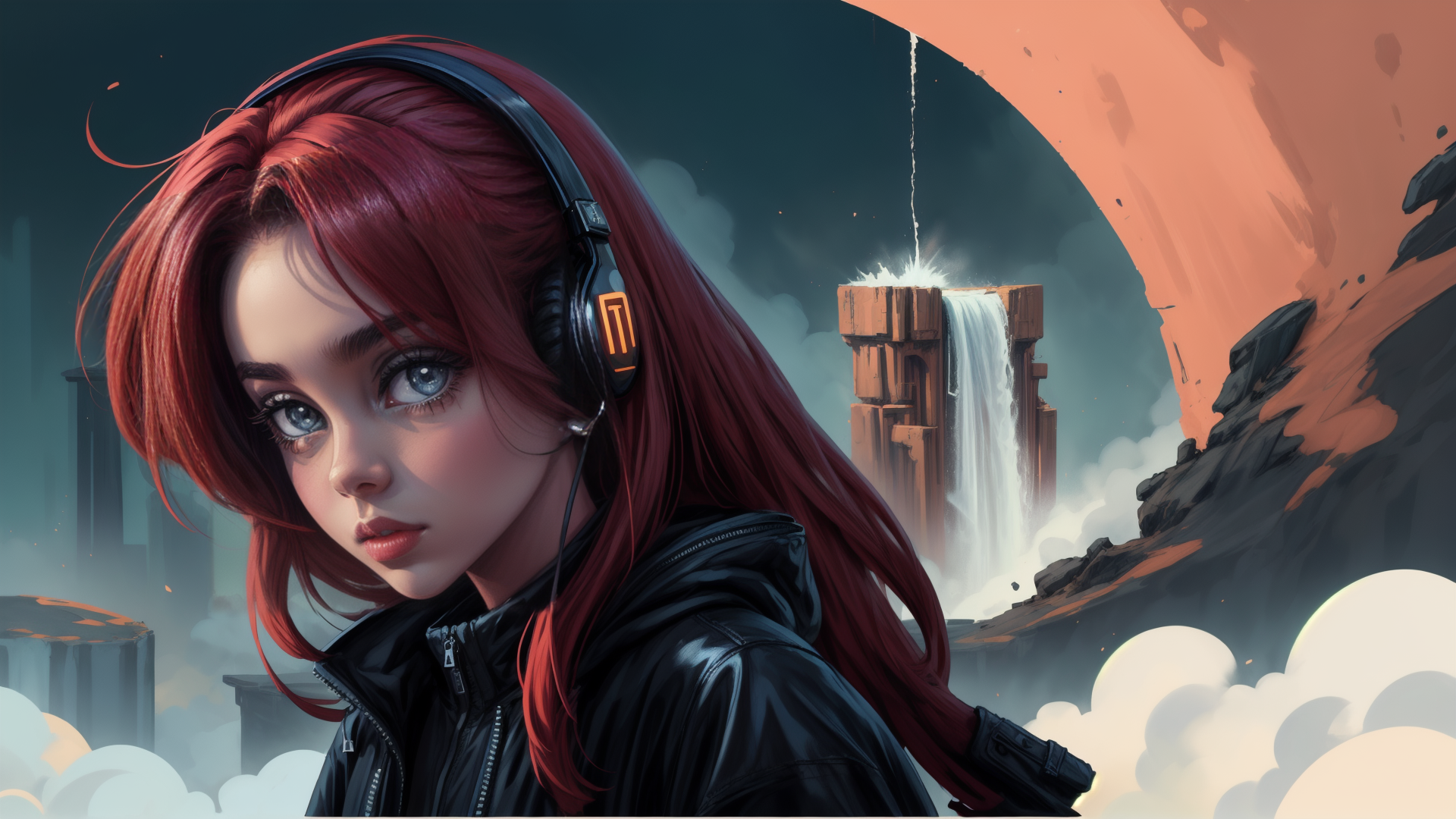 AI generated wallpaper featuring woman, headphones, waterfall