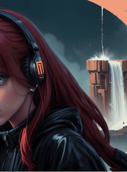 woman, headphones, waterfall