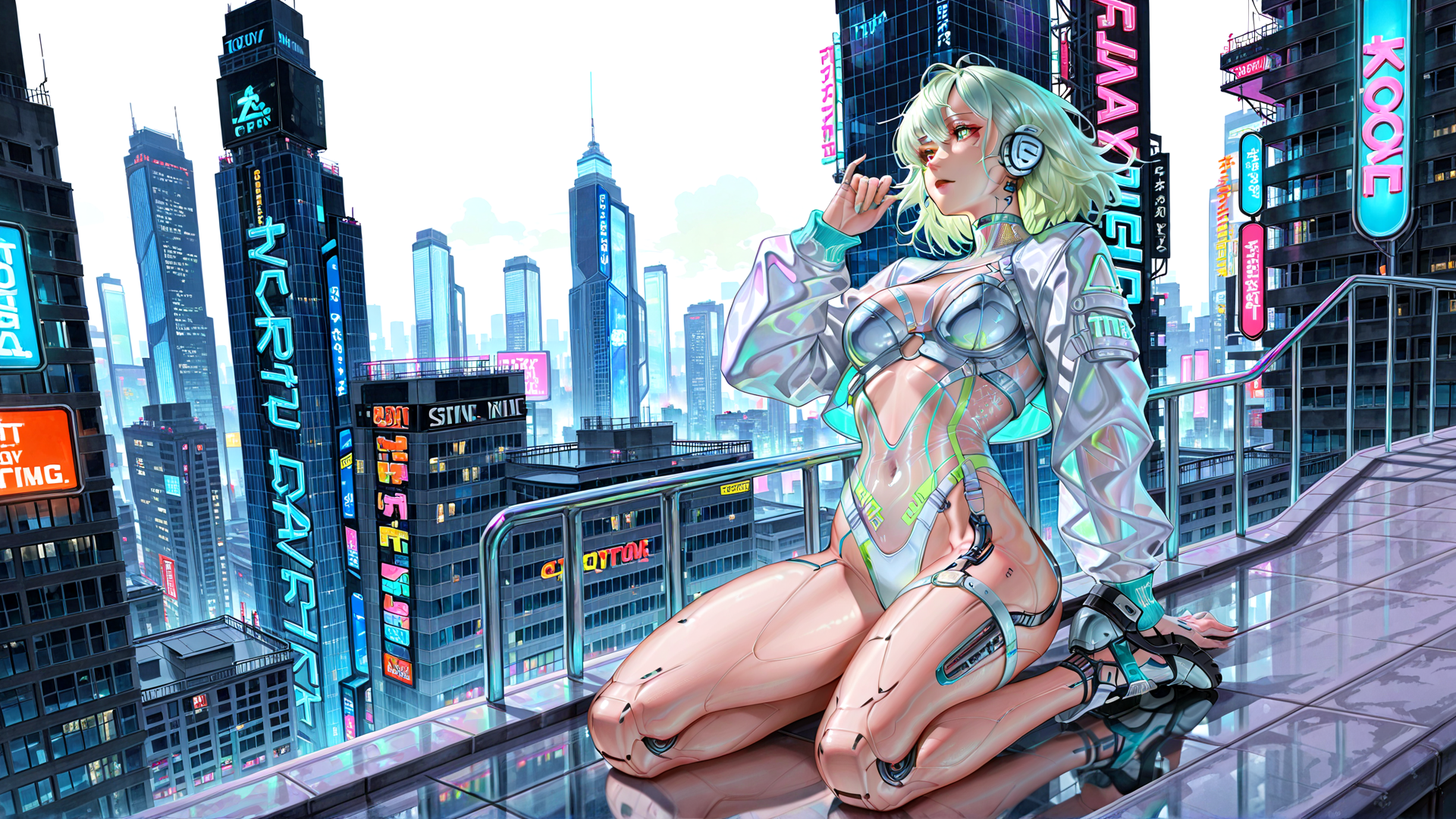 AI generated wallpaper featuring cyborg, woman, cityscape, neon, futuristic
