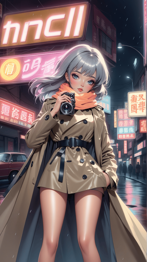 AI generated wallpaper featuring girl, camera, city