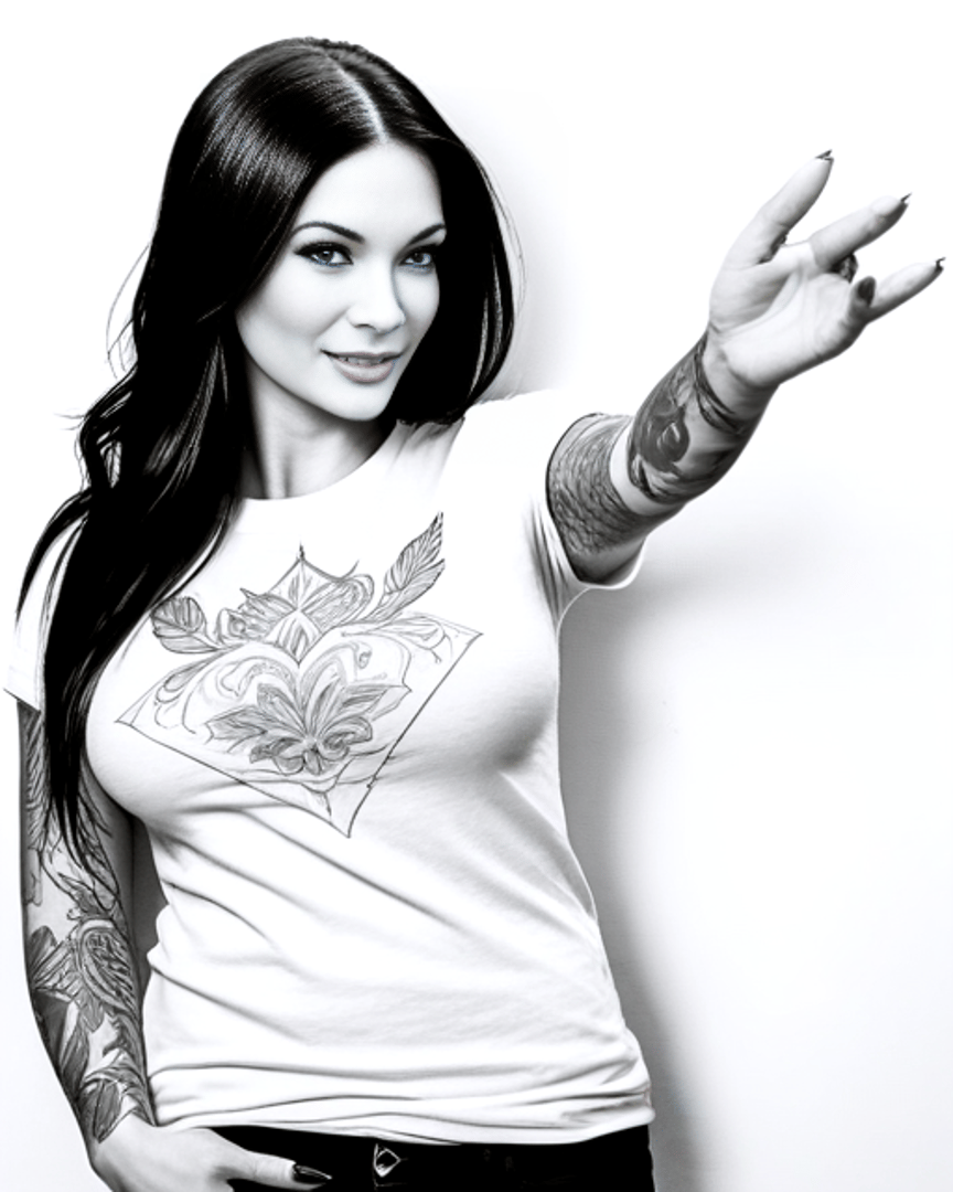 AI generated wallpaper featuring woman, tattoo, shirt, hand, hair, diamond, flower, arm