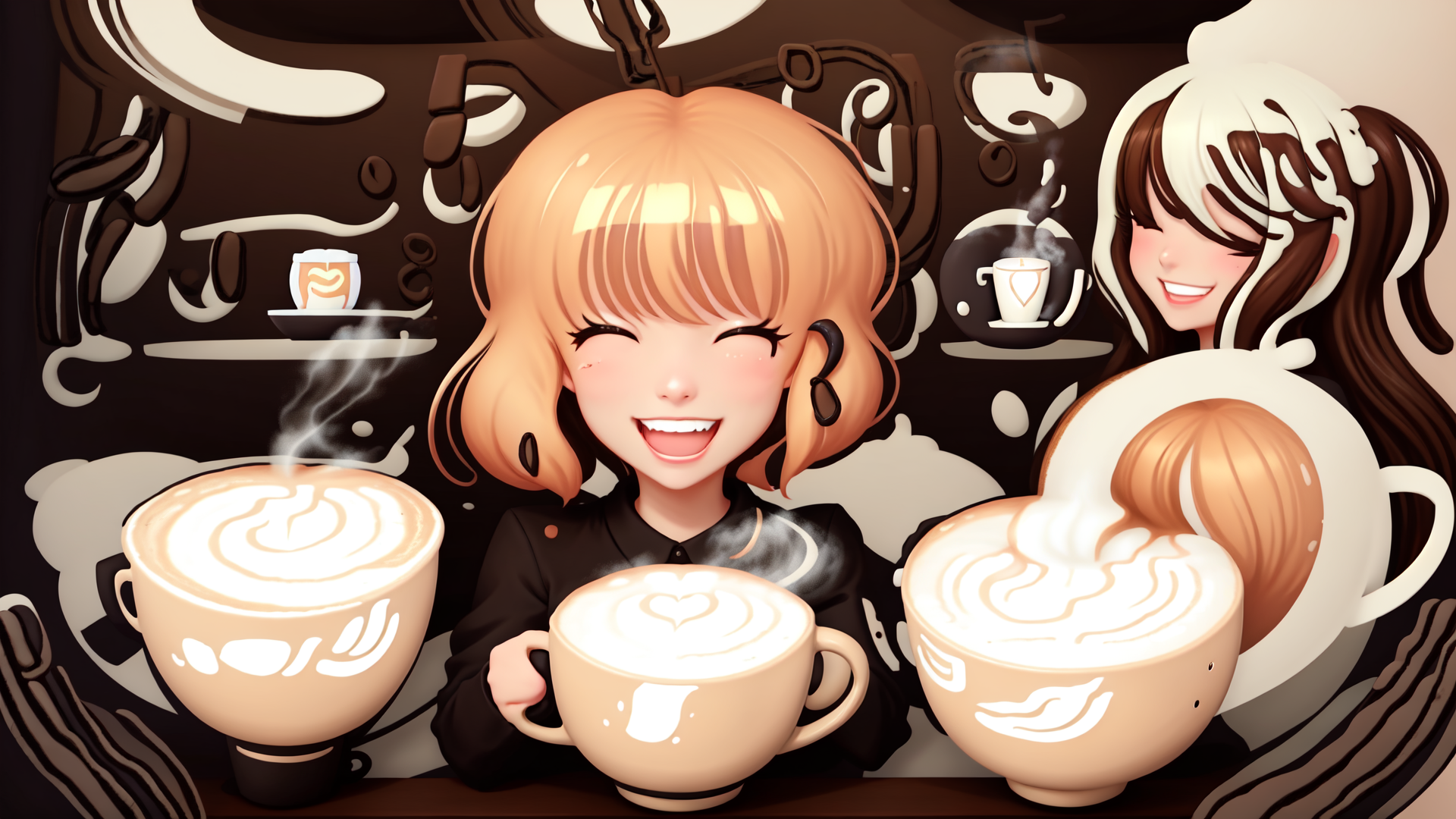 AI generated wallpaper featuring girl, coffee, cup, latte, milk, chocolate, sugar, cafe, steamer, bowl