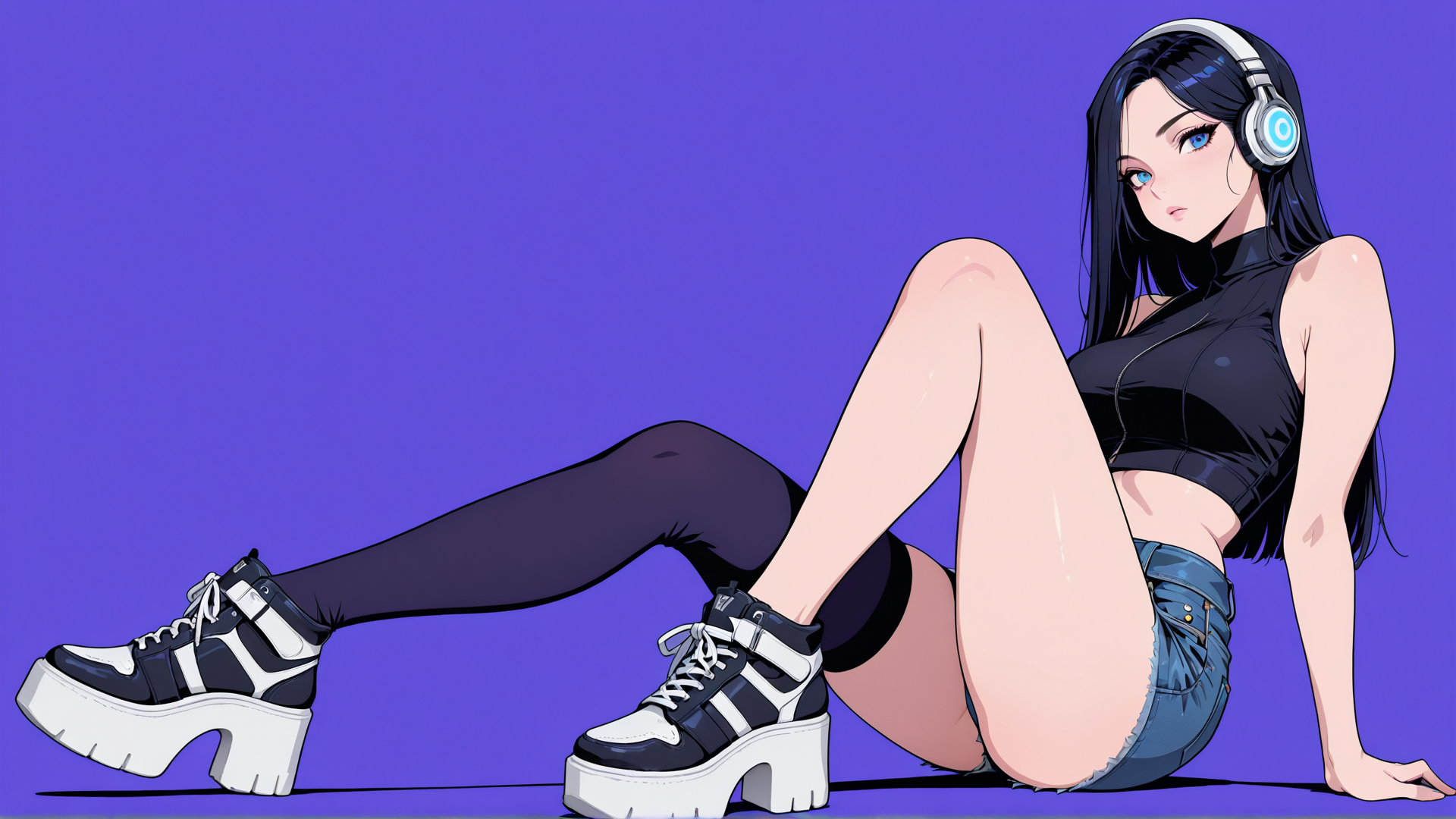 AI generated wallpaper featuring woman, headphones, platform shoes, jeans, leggings