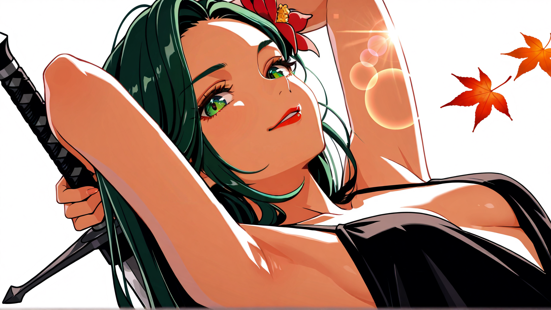 AI generated wallpaper featuring woman, swords, maple leaves