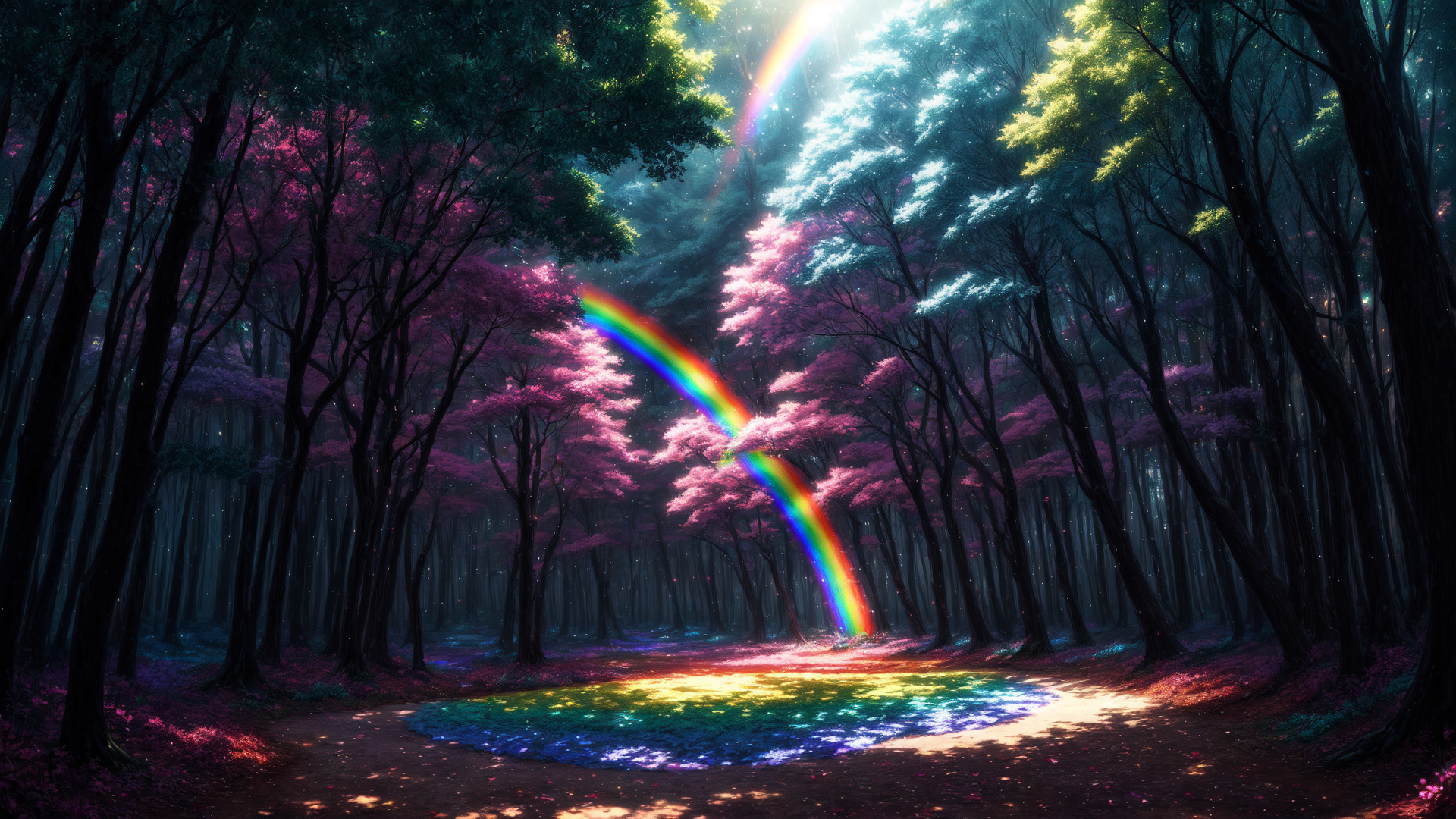 AI generated wallpaper featuring forest, rainbow, trees