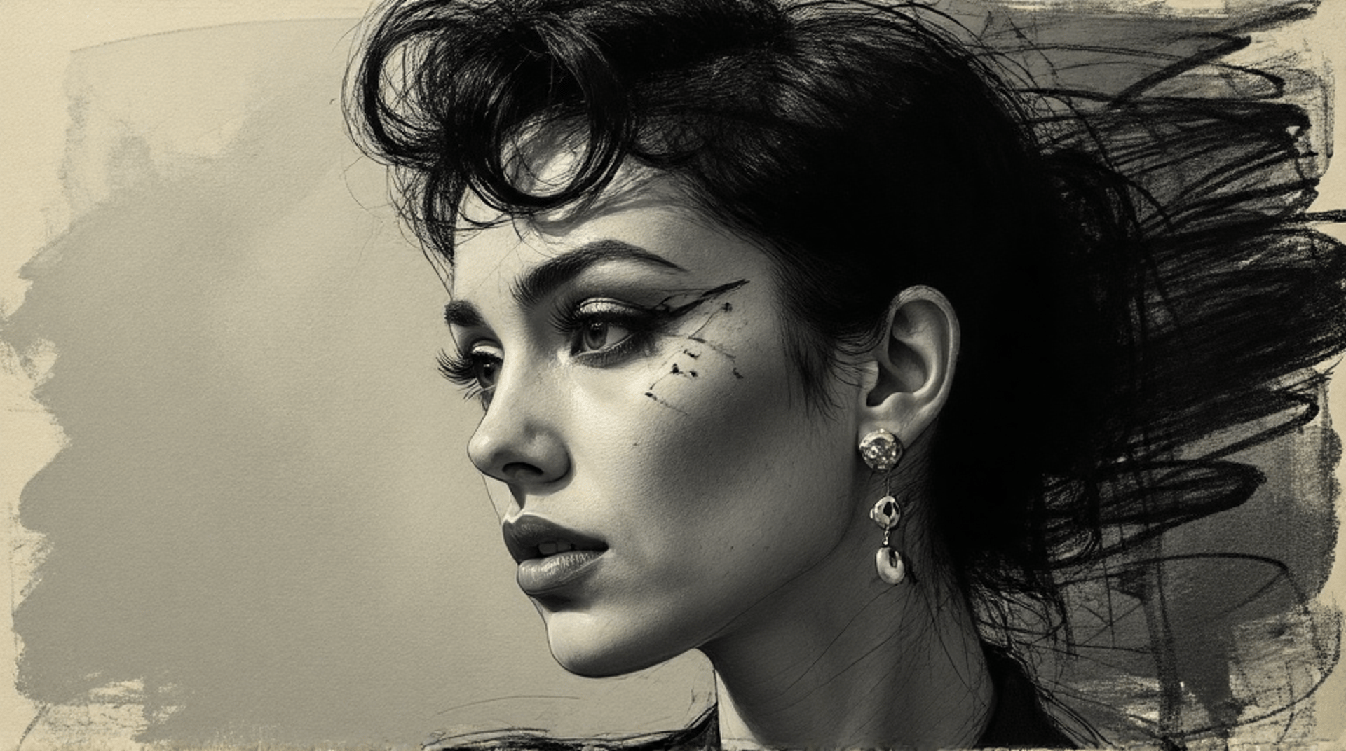 AI generated wallpaper featuring woman, hair, earrings, face, eyebrows