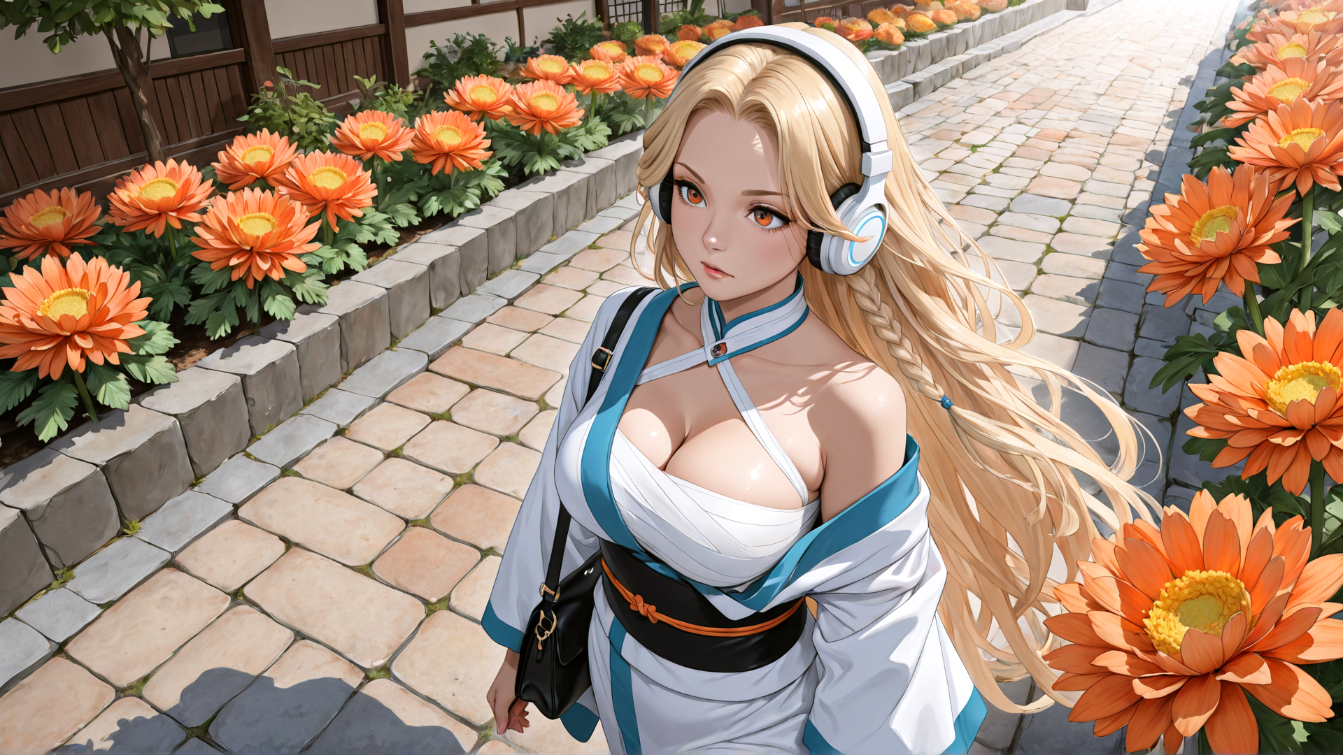 AI generated wallpaper featuring woman, garden, headphones, flowers, pathway