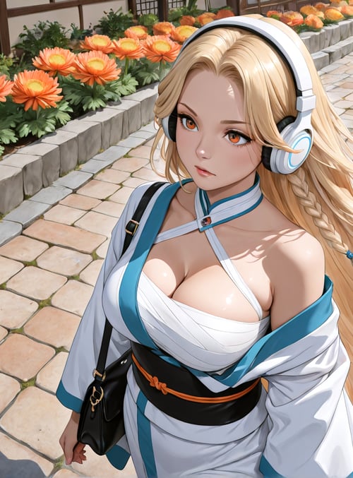 woman, garden, headphones, flowers, pathway