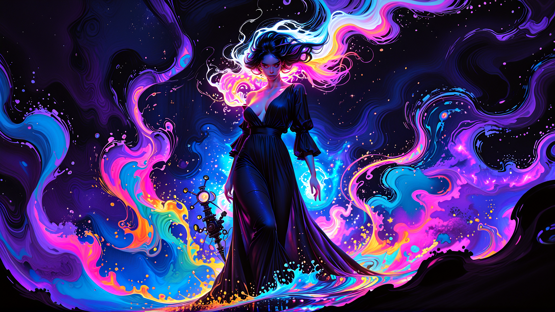 AI generated wallpaper featuring woman, dress, magic, sword, hair