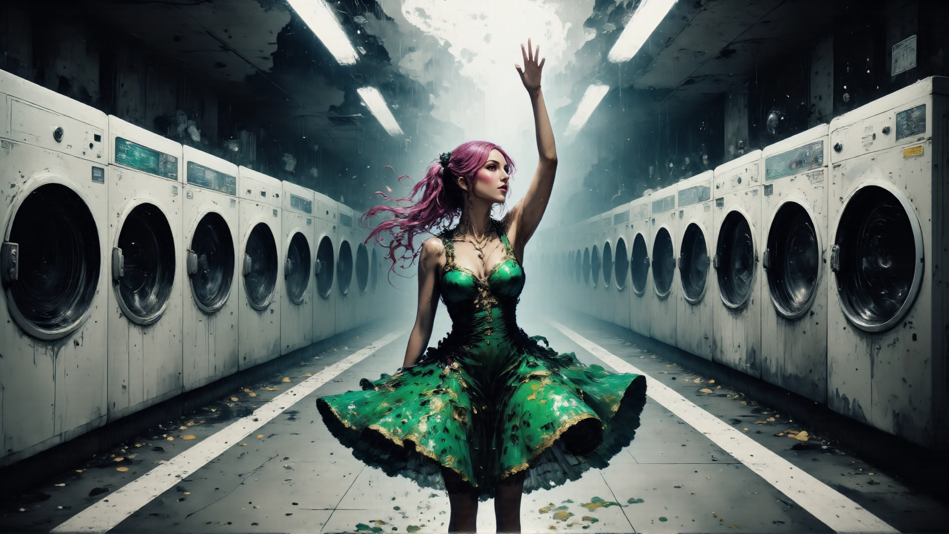 AI generated wallpaper featuring woman, laundry, washing machines