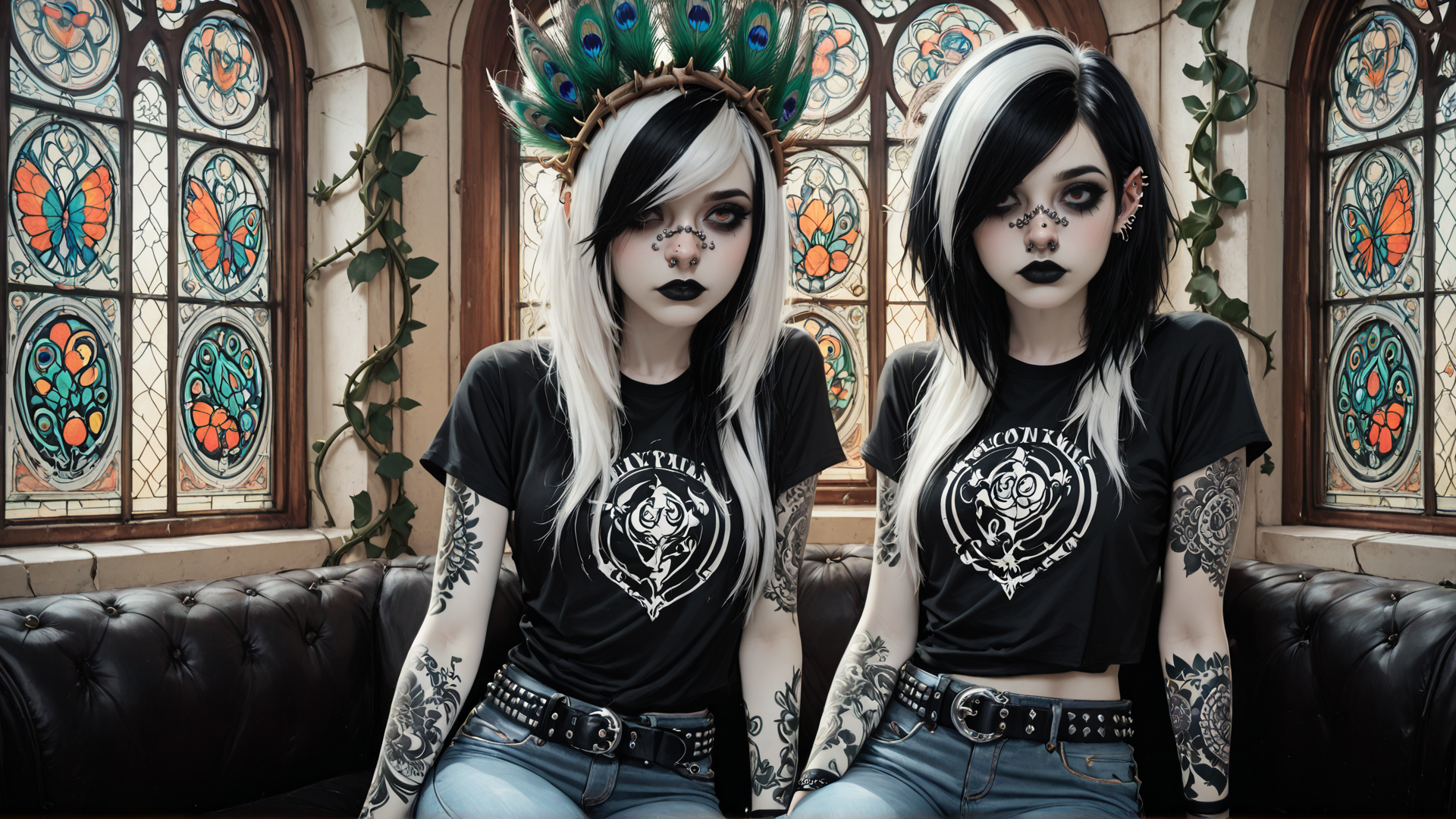 AI generated wallpaper featuring women, tattoo, peacock, stained glass, sleek, punk, goth, crown, jeans, tshirt