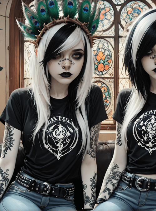 women, tattoo, peacock, stained glass, sleek, punk, goth, crown, jeans, tshirt