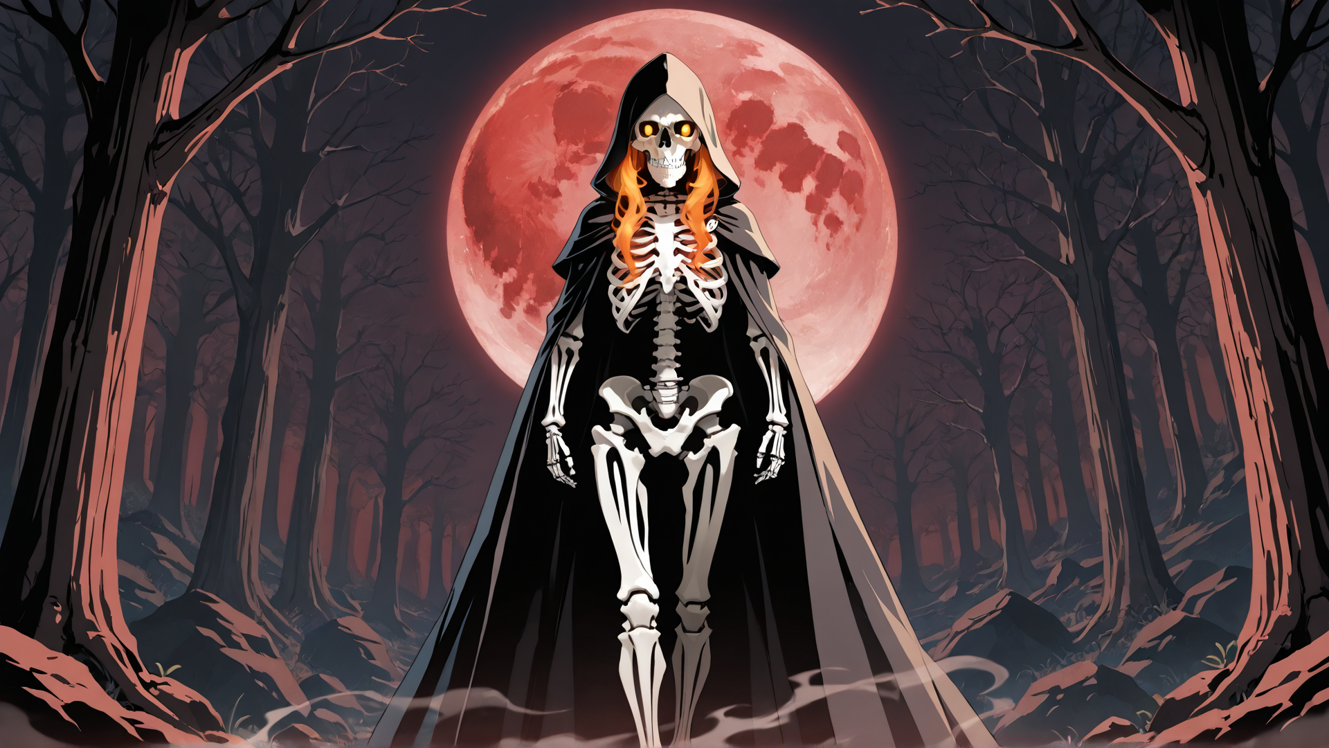 AI generated wallpaper featuring skeleton, hooded figure, forest, moon, trees