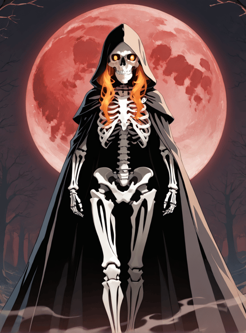 skeleton, hooded figure, forest, moon, trees